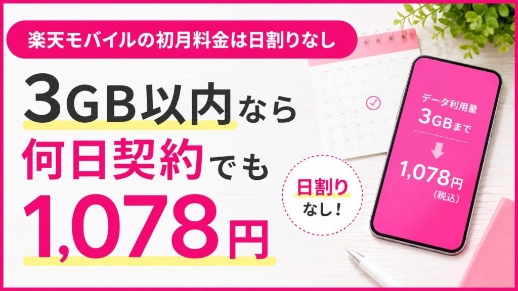 楽天モバイルの初月料金は日割りなし|3GB以内なら何日契約でも1078円