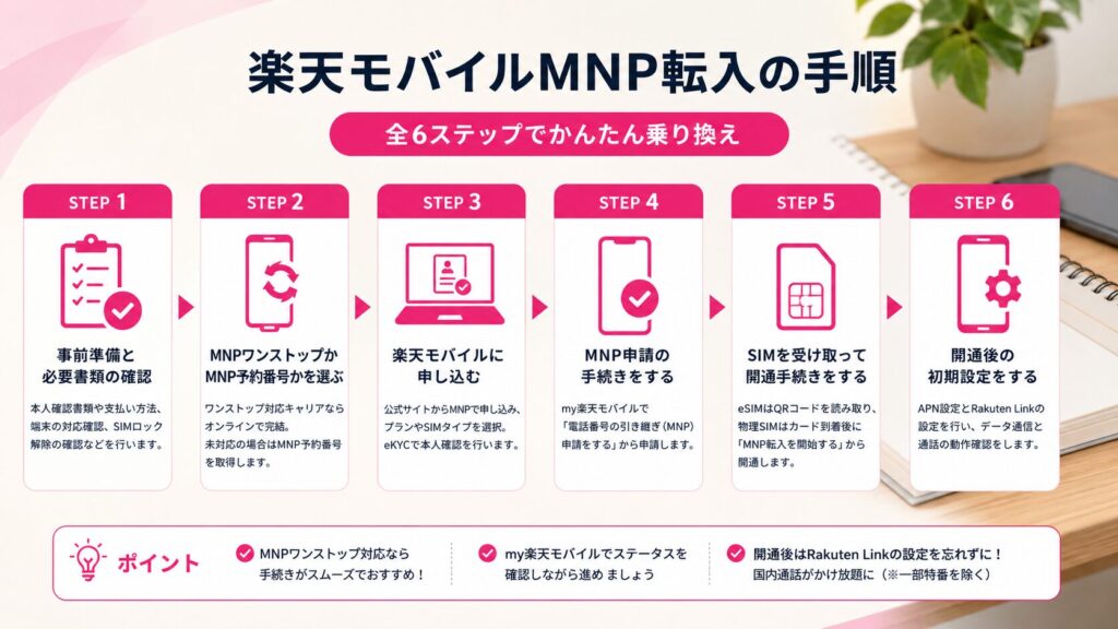 楽天モバイルMNP転入の手順（全6ステップ）