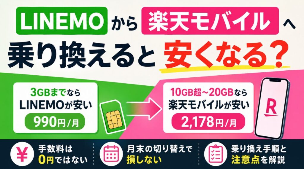 LINEMOから楽天モバイルへ乗り換えると安くなる？手数料と損しない開通日