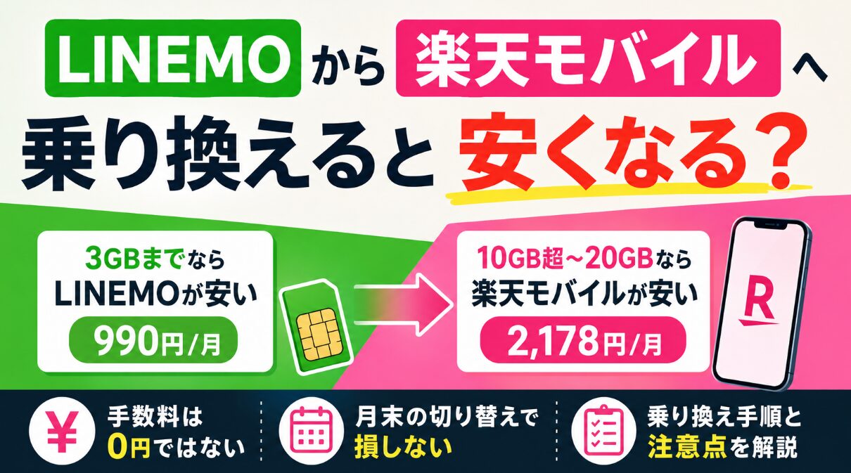 LINEMOから楽天モバイルへ乗り換えると安くなる？手数料と損しない開通日