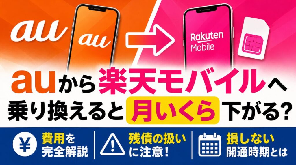 auから楽天モバイルへ乗り換えると月いくら下がる？費用・残債の注意点