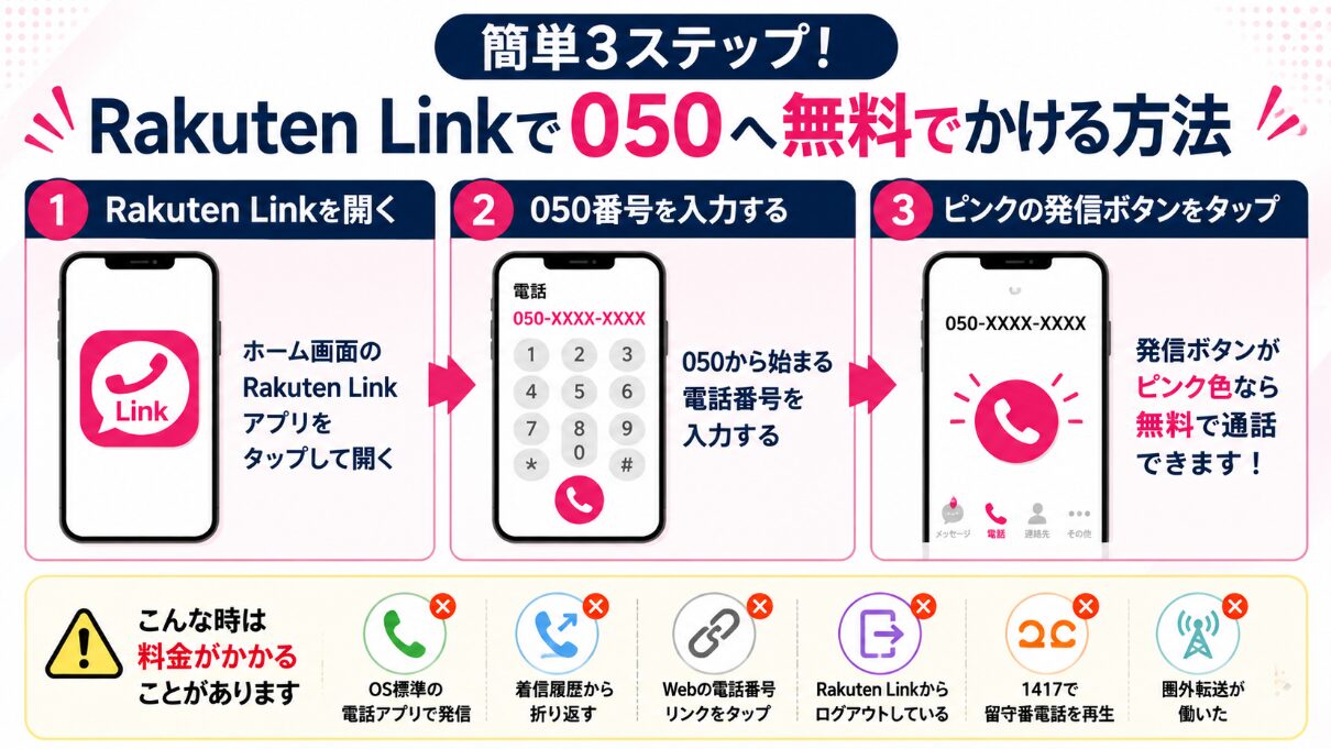 Rakuten Linkから050番号へ無料で電話する3ステップを解説した画像。アプリを開き、番号を入力し、ピンクの発信ボタンで通話する流れを紹介。