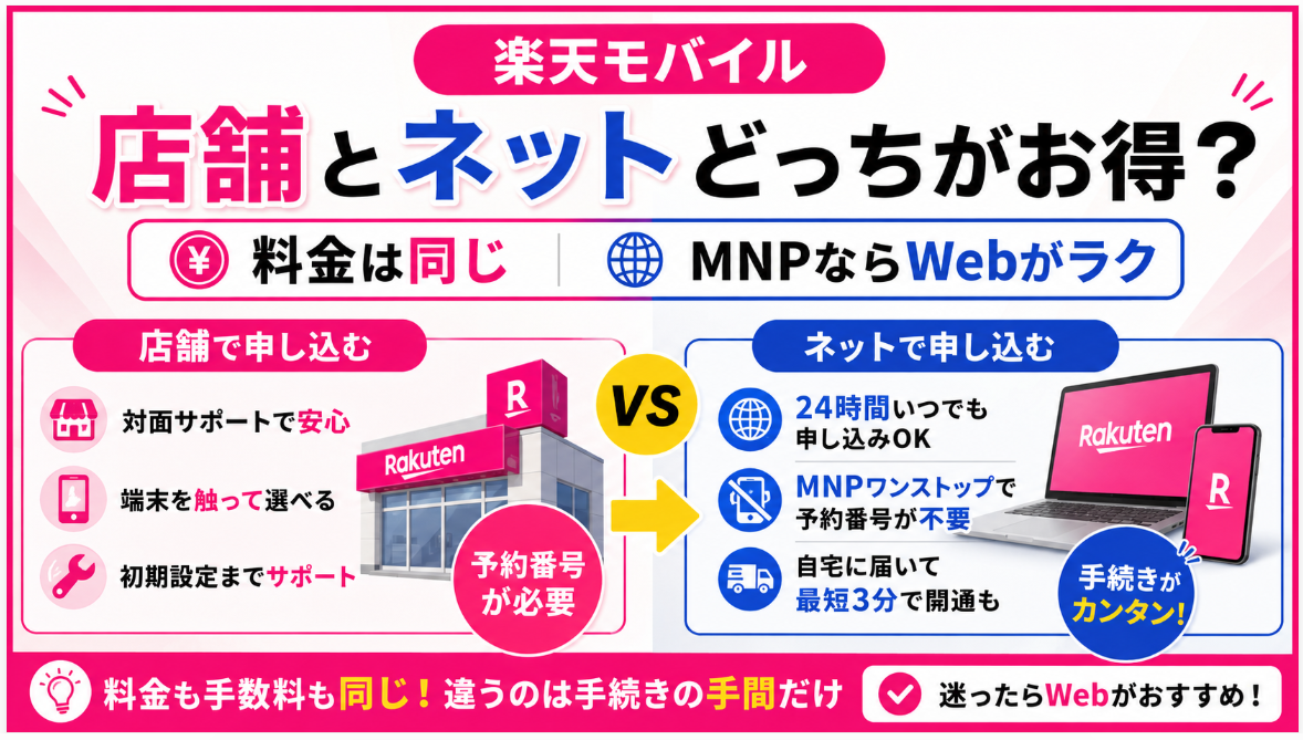 楽天モバイルは店舗とネットどっちがお得?料金は同じでMNPならWebがラク