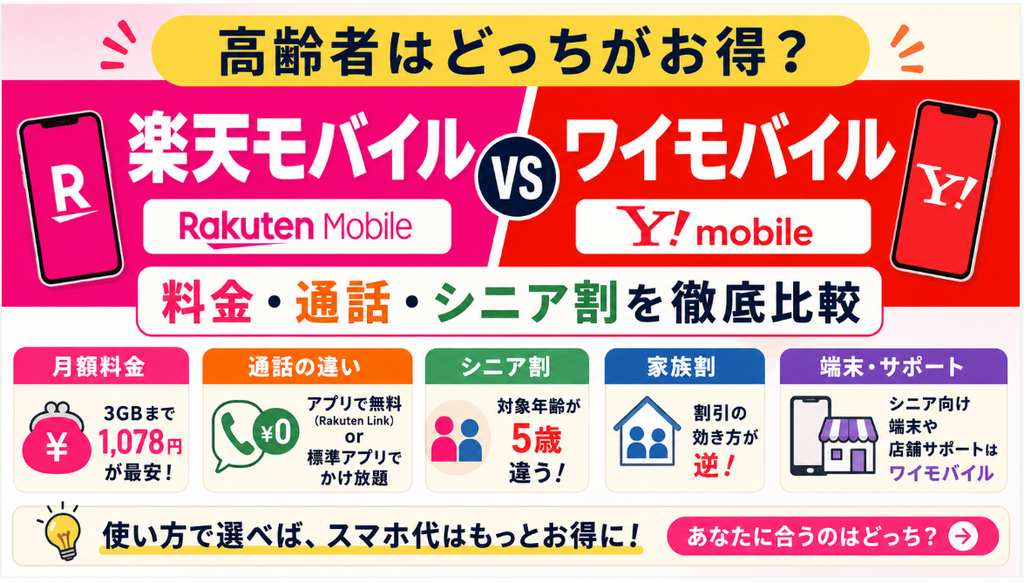 高齢者は楽天モバイルとワイモバイルどっちがお得？料金・通話・シニア割を徹底比較
