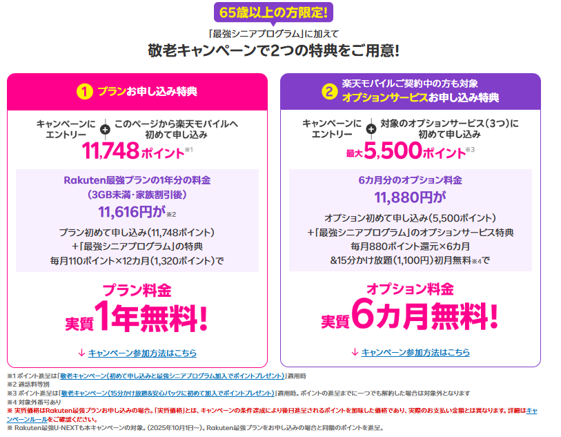 楽天モバイル敬老キャンペーンの2つの特典。プラン料金実質1年無料とオプション料金実質6カ月無料