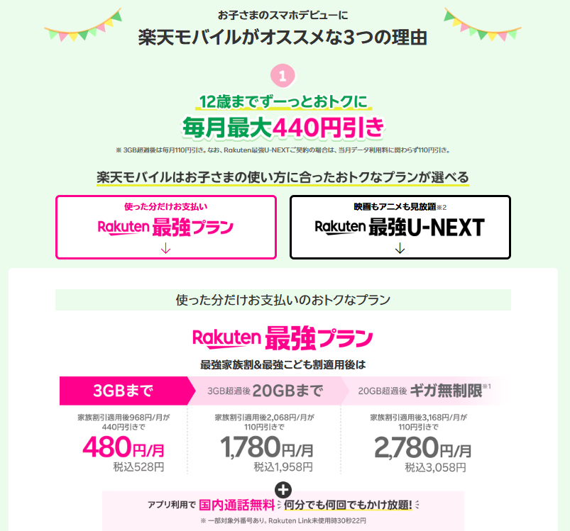 子どものスマホデビューにおすすめの楽天モバイル最強こども割と料金プラン