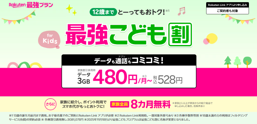 楽天モバイル最強こども割。12歳まで3GB月額480円から、家族全員8カ月無料