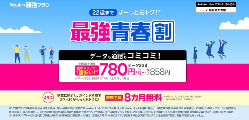 楽天モバイル最強青春割。22歳まで3GB月額780円から、家族全員8カ月無料