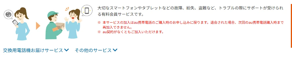au公式サイトの故障紛失サポートのページ。故障・紛失・盗難などのトラブルでサポートが受けられる有料会員サービスで、加入はau携帯電話の購入時の申し込みに限り、退会すると次のau携帯電話購入時まで再加入できないと書かれている
