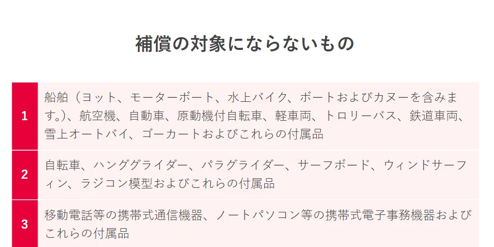 携行品補償miniの補償の対象にならないものの一覧。3番目に移動電話等の携帯式通信機器、ノートパソコン等の携帯式電子事務機器およびこれらの付属品とある