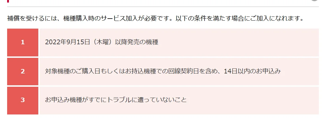 ドコモ公式サイトのsmartあんしん補償のご加入条件。2022年9月15日以降発売の機種、購入日または回線契約日を含め14日以内の申し込み、トラブルに遭っていないことの3つ