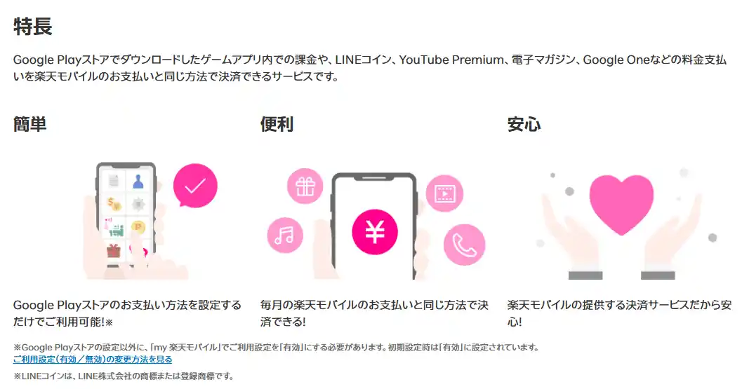 楽天モバイルキャリア決済の特長。Google Playストアのゲーム課金やLINEコイン、YouTube Premium、電子マガジン、Google Oneなどの支払いに使える