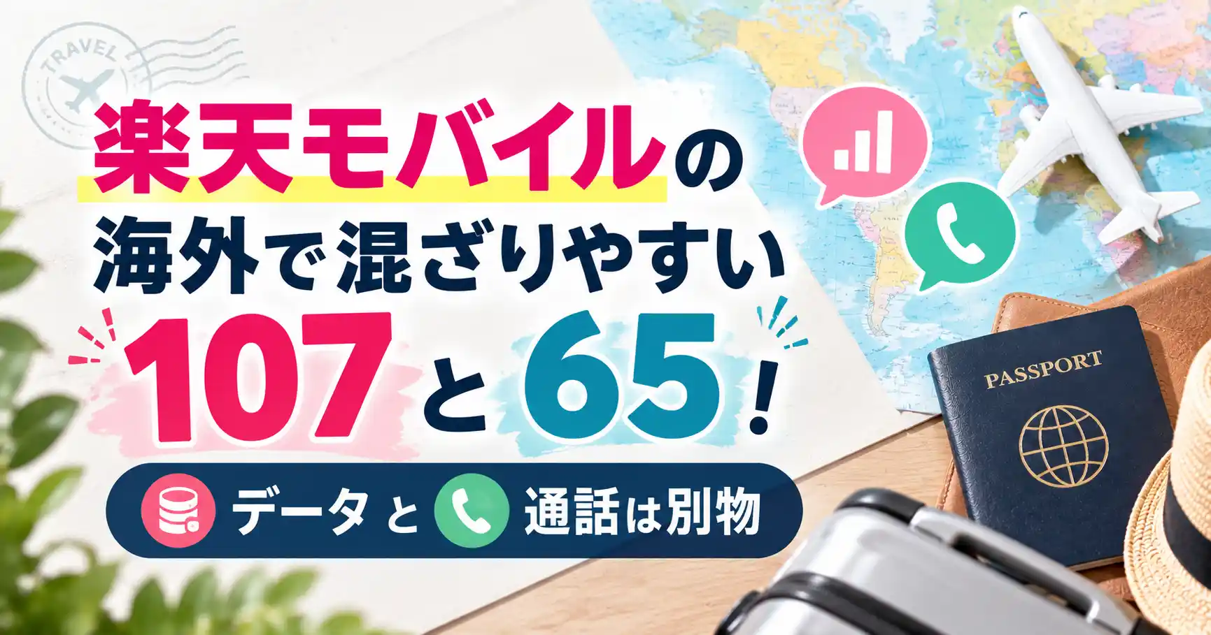 楽天モバイルの海外で混ざりやすい107と65を並べ、データと通話が別物だと示した画像