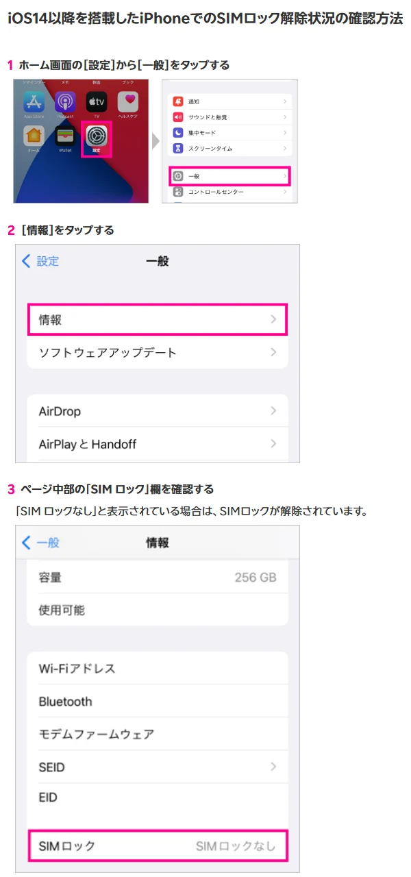 楽天モバイル公式FAQの、iOS14以降のiPhoneでSIMロックの状態を確かめる手順。設定から一般、情報と進み、ページ中部のSIMロック欄にSIMロックなしと表示されていれば解除されている