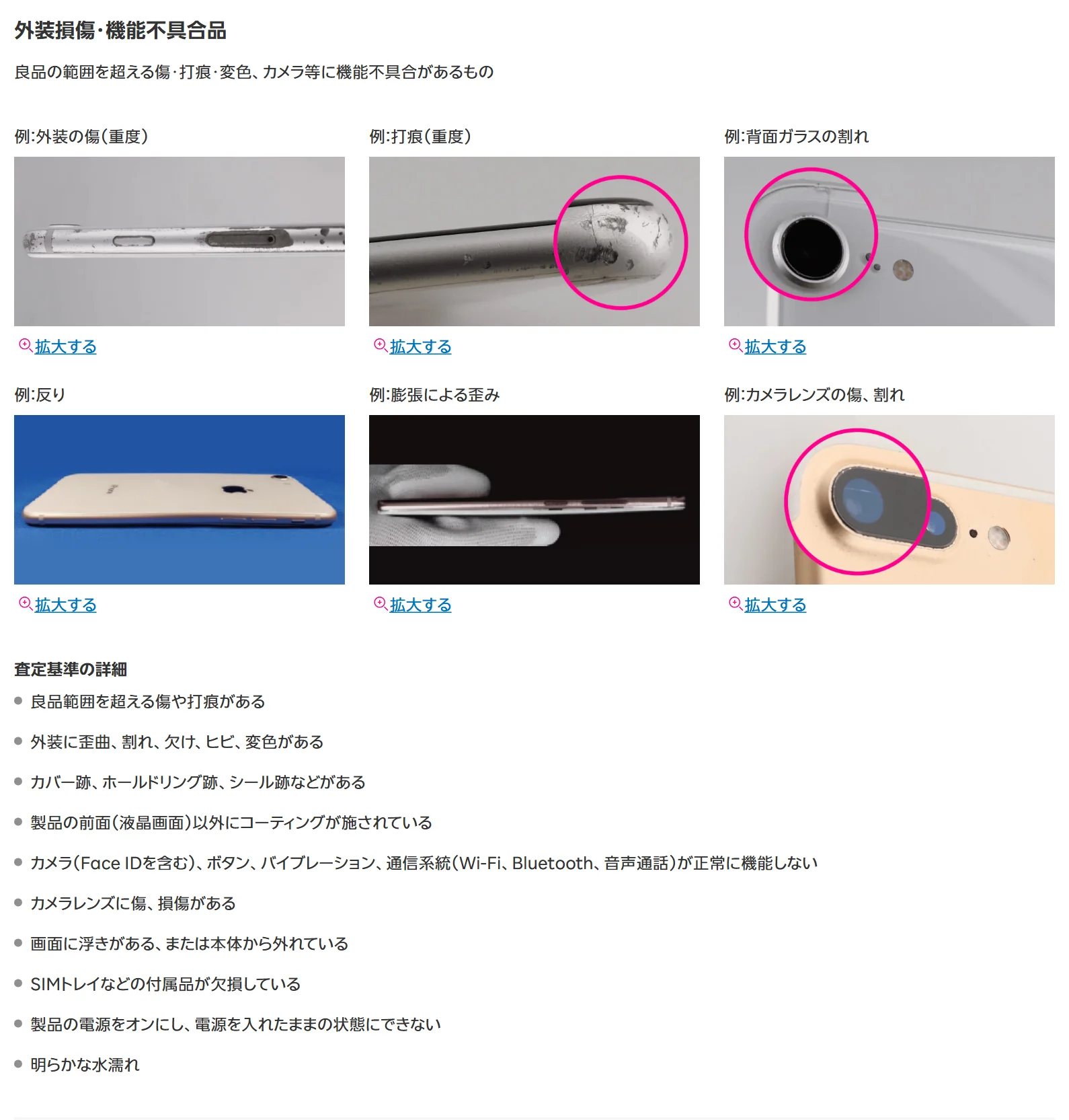 楽天モバイル公式サイトの外装損傷・機能不具合品の例と査定基準の詳細。カバー跡やSIMトレイなどの付属品の欠損も挙がっている