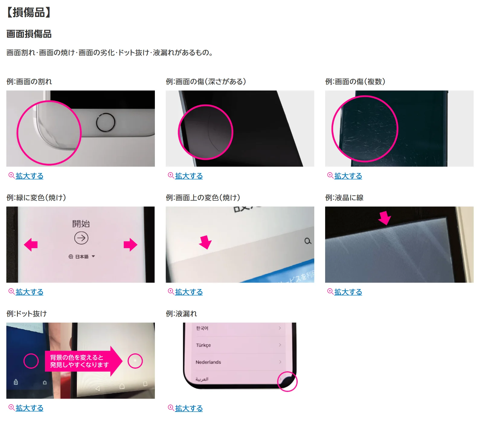 楽天モバイル公式サイトの画面損傷品の例。画面の割れ・深さがある傷・複数の傷・焼け・液晶の線・ドット抜け・液漏れの写真